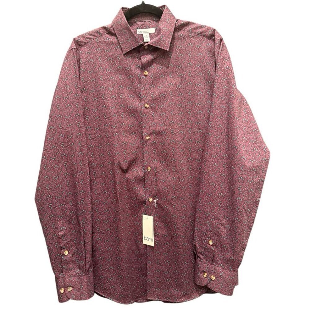 Bar III Slim Fit Stretch Burgundy/Teal Floral Print Button Shirt Mens